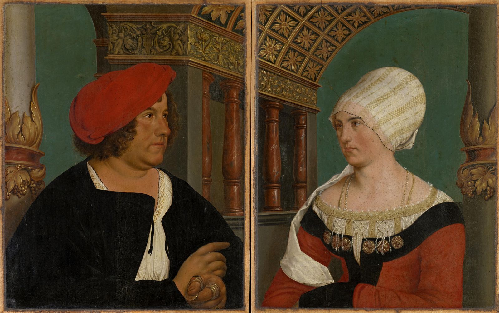 Doppelbildnis des Jacob Meyer zum Hasen und seiner Frau Dorothea Kannengiesser (Innenseiten); Vollwappen des Jacob Meyer auf rotem Grund (Aussenseite des männlichen Bildnisses)