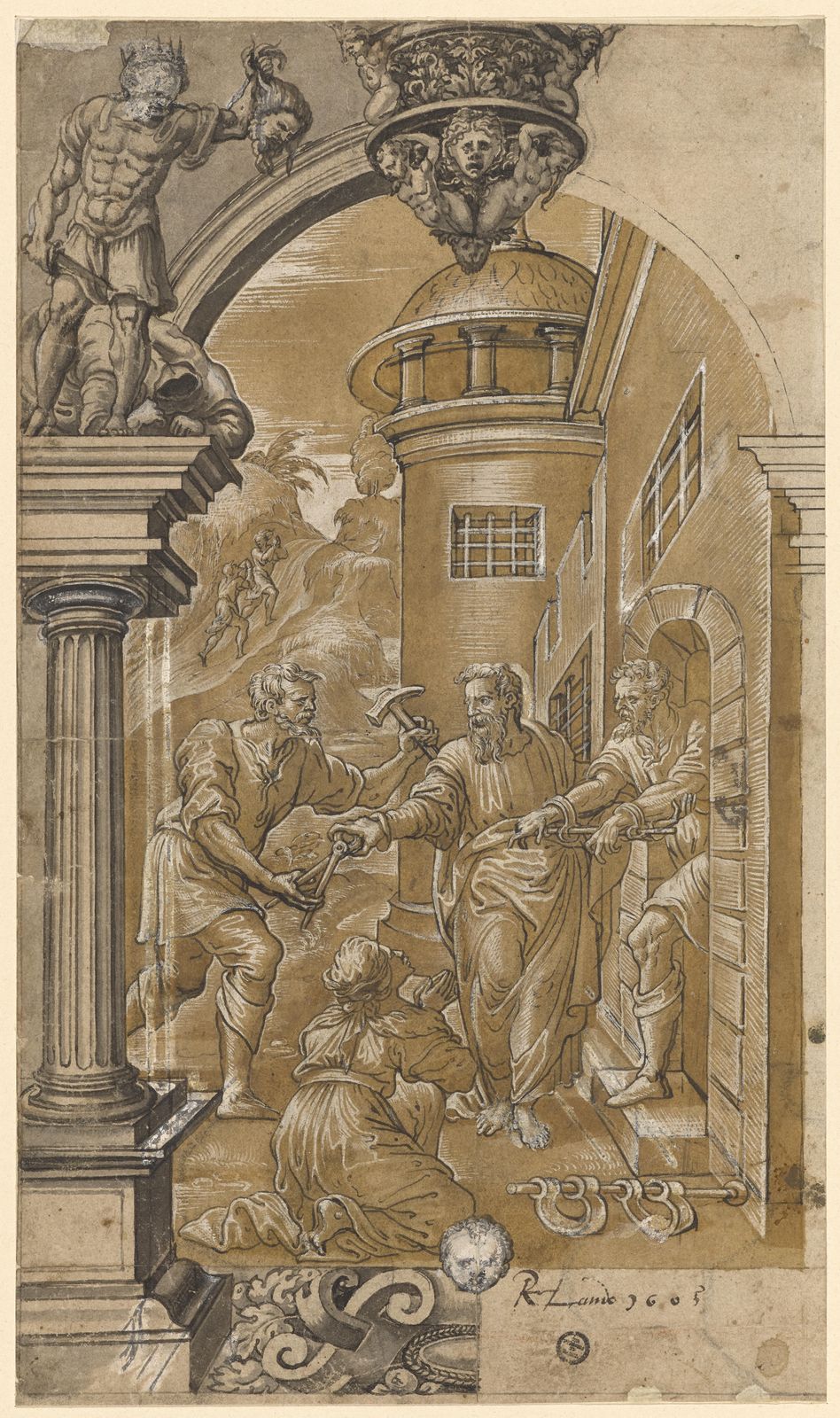 Scheibenriss mit der Befreiung der Gefangenen, im Eckbild David enthauptet Goliath