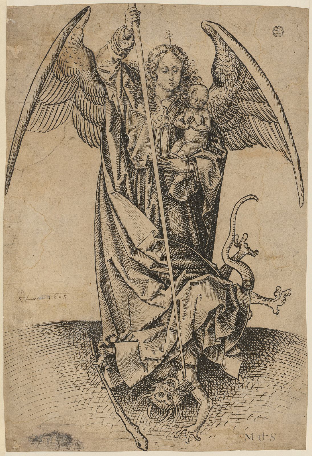 Der Erzengel Michael über dem Teufel, eine Seele (nacktes Kind) im Arm haltend