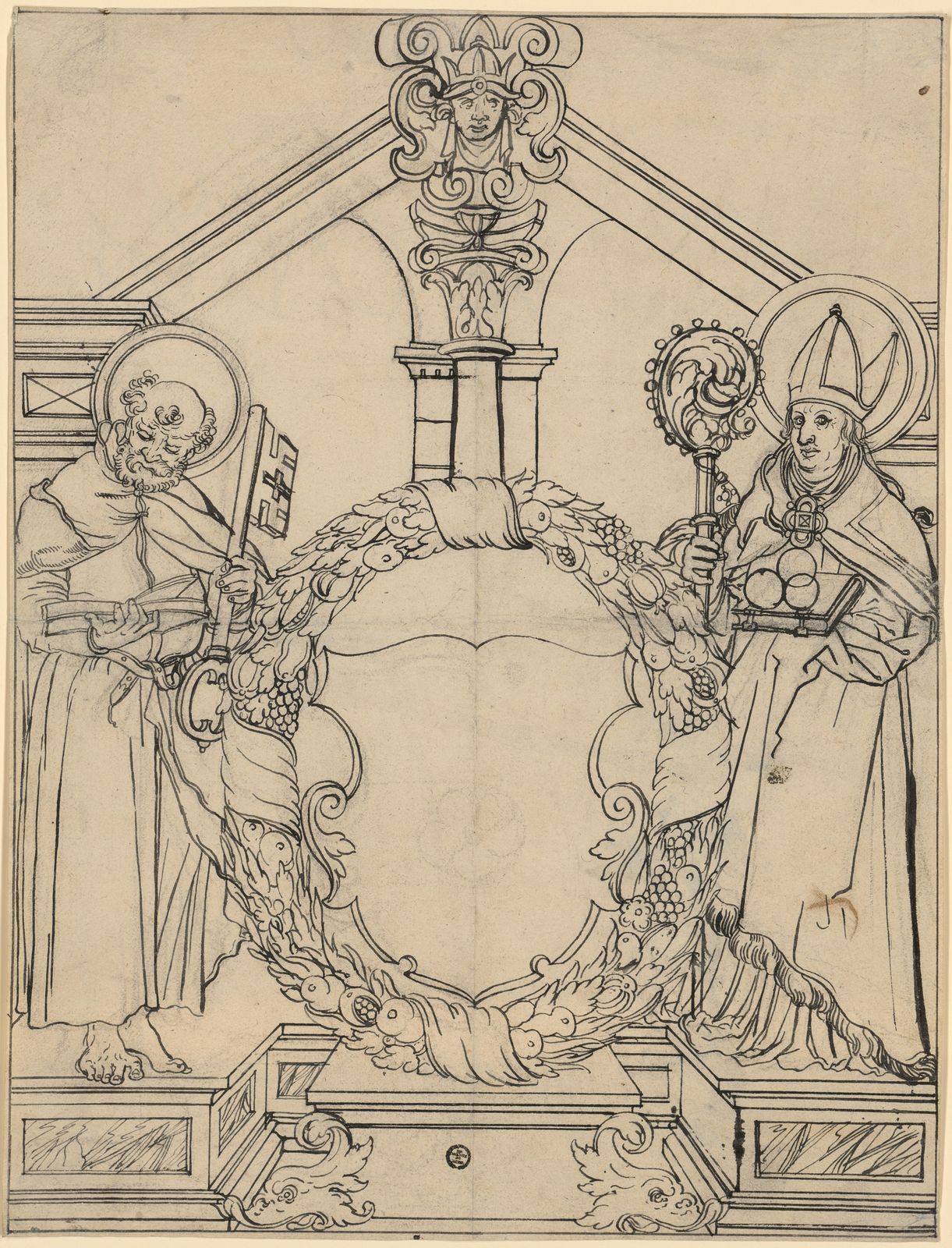 Scheibenriss mit dem hl. Petrus und dem hl. Nikolaus und leerem Wappenschild