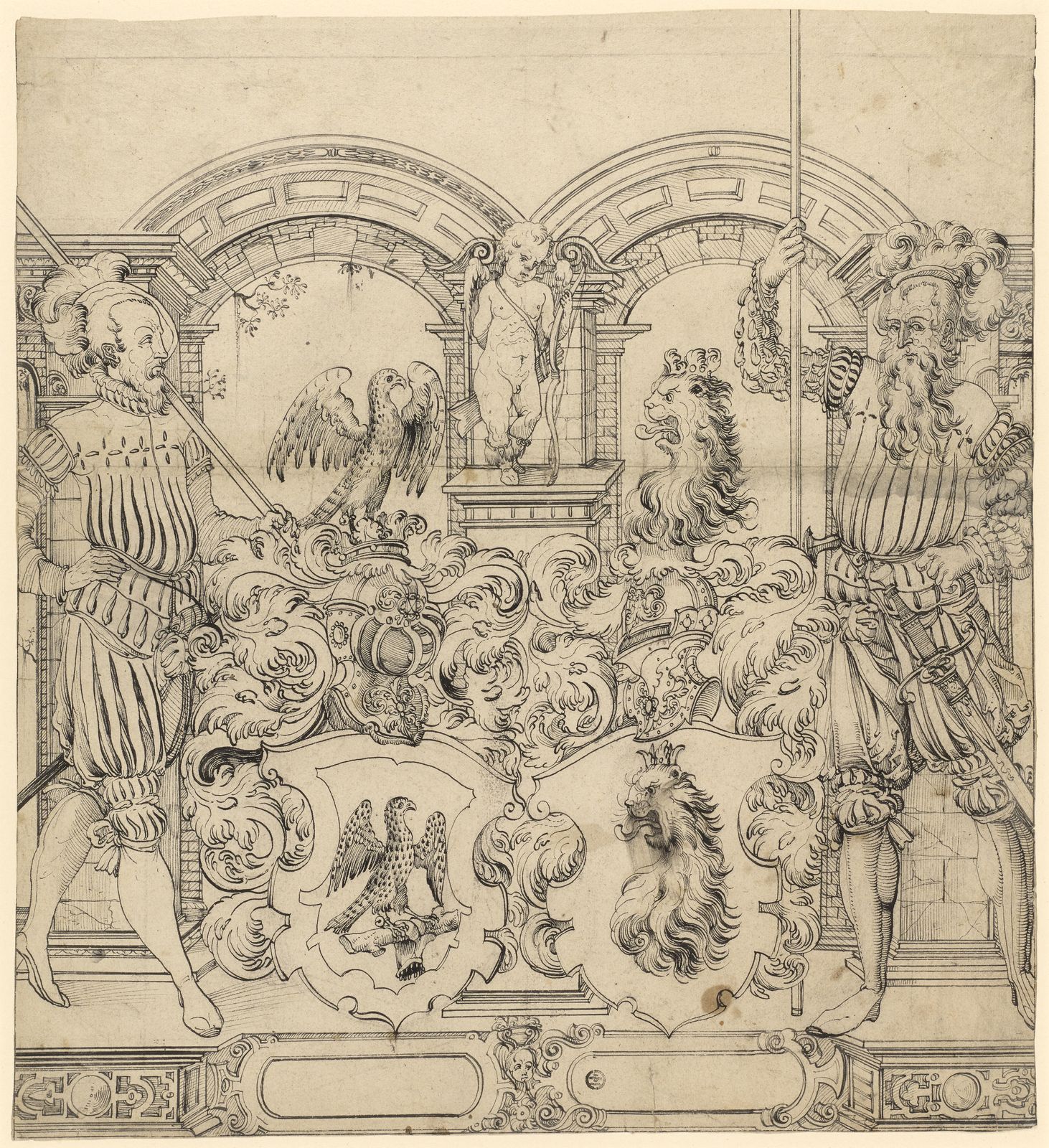 Scheibenriss mit zwei Schildbegleitern und den Wappen Falkner und Irmi, auf dem Mittelpfeiler Amor mit Bogen und Pfeilen