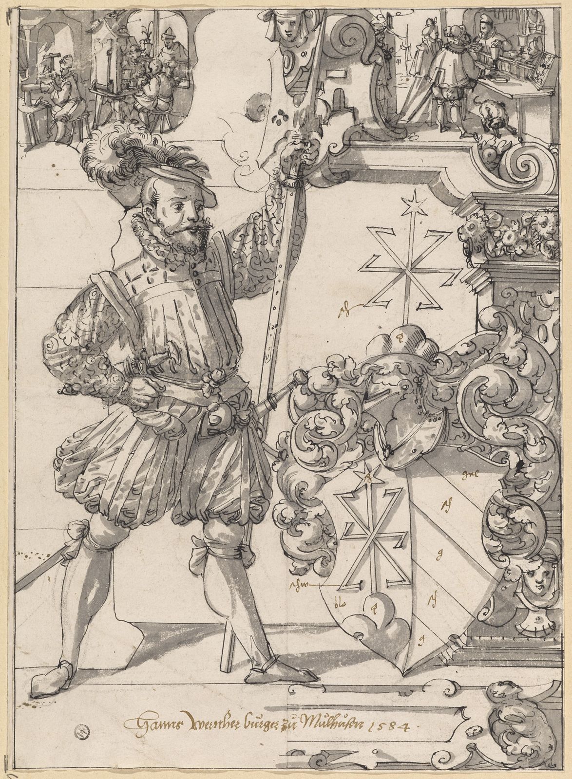 Scheibenriss mit Halbartier als Schildbegleiter und Wappen Hans Werner von Mühlhausen, im Oberbild Szenen aus dem Goldschmiedehandwerk