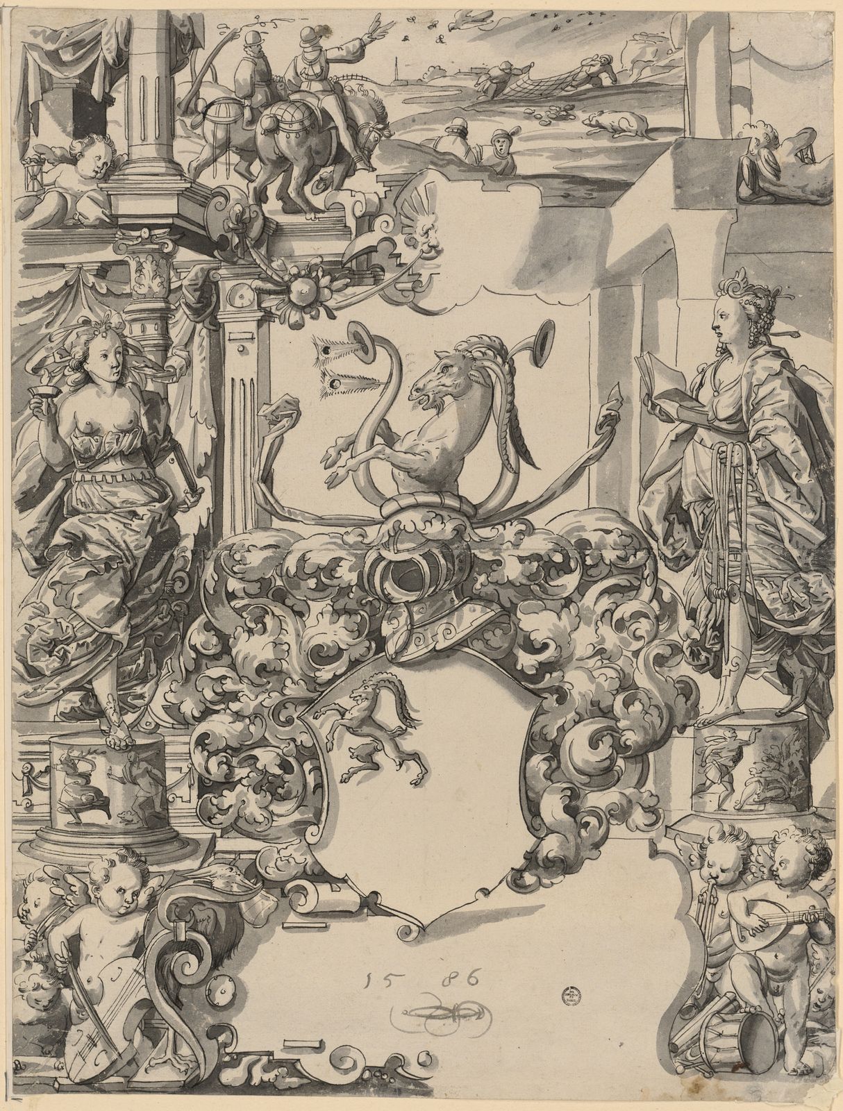 Scheibenriss mit leerem Wappenschild (Gremlich von Juningen?), flankiert von Temperantia und Veritas (?), im Oberbild Wachteljagd