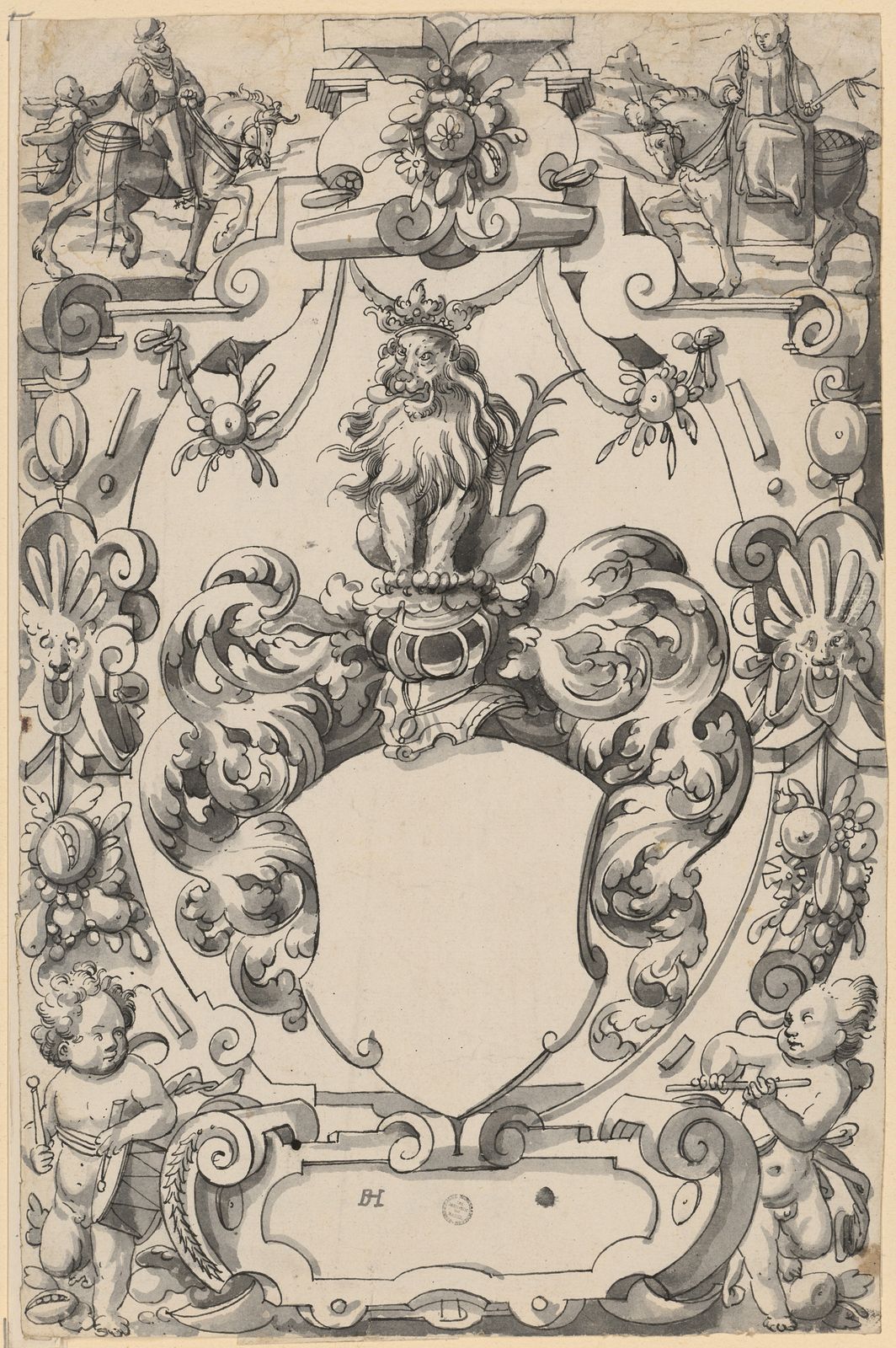 Scheibenriss mit leerem Wappenschild, im Oberbild Reiter und Reiterin