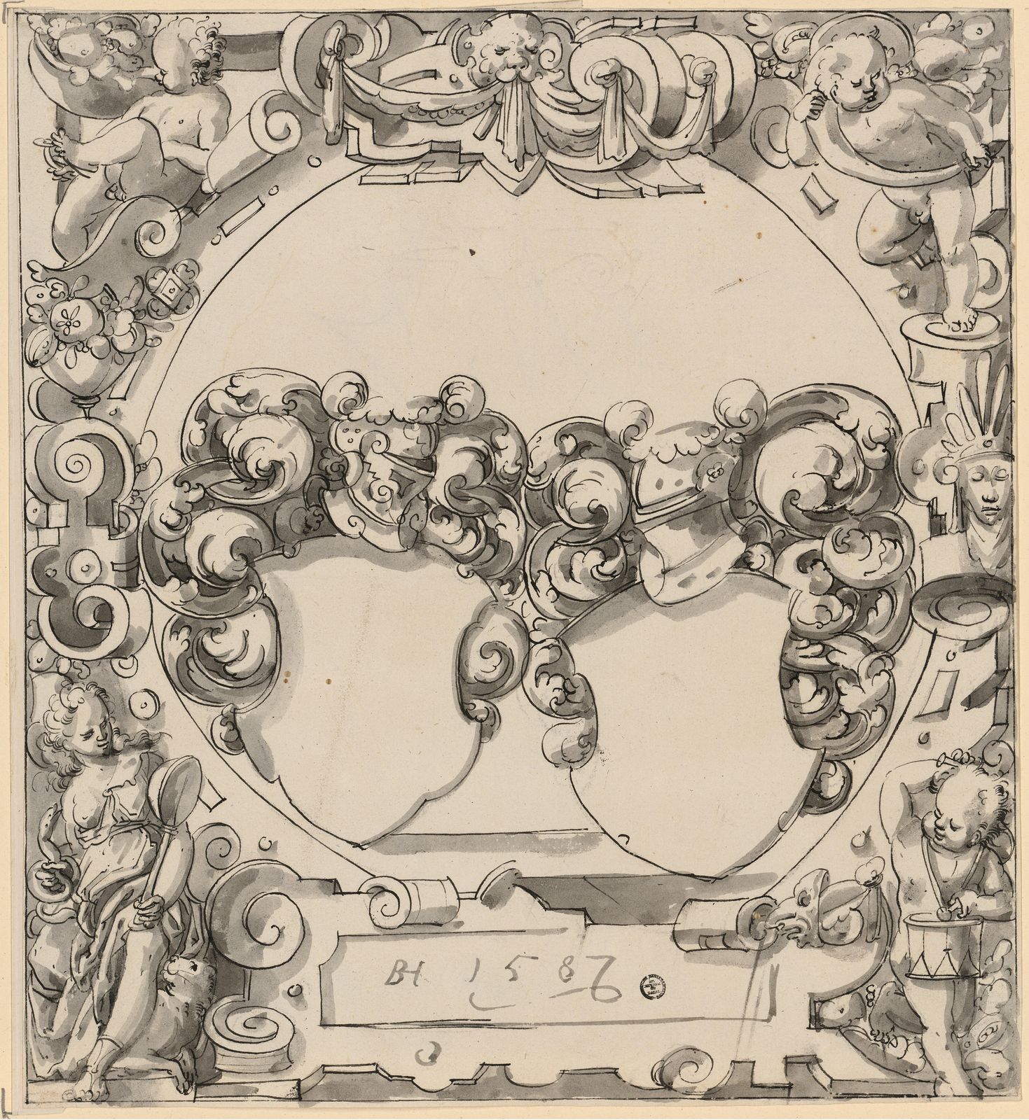 Scheibenriss mit zwei leeren Wappenschilden, im unteren linken Eckbild Prudentia