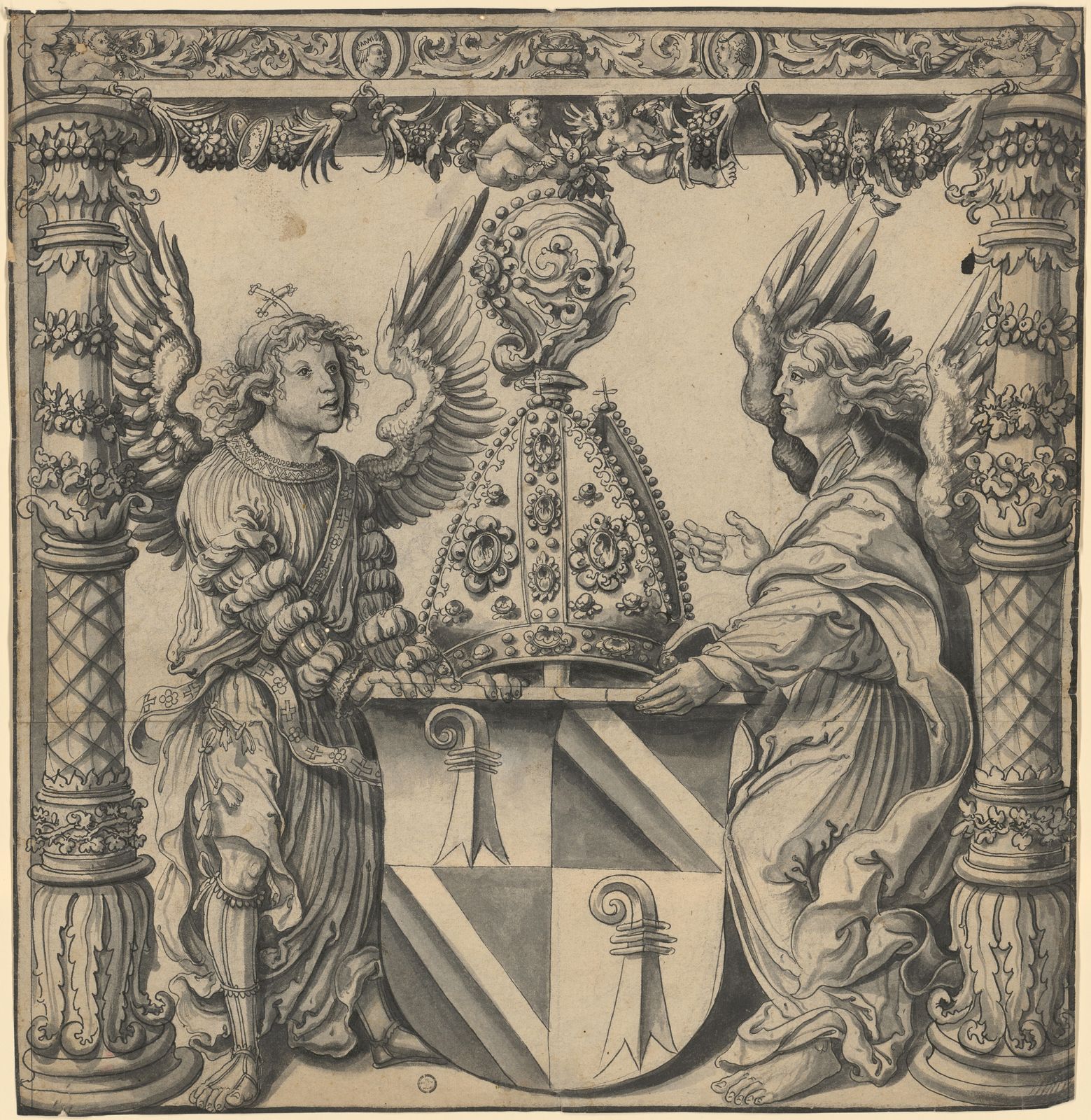 Scheibenriss mit zwei Engeln als Schildhaltern und Wappen des Bischofs von Basel, Christof von Utenheim