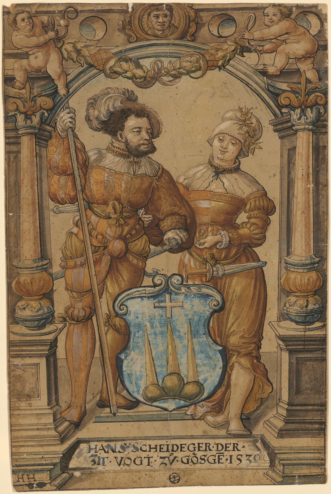Scheibenriss mit Landsknecht und Frau als Schildhaltern und dem Wappen Hans Scheidegger