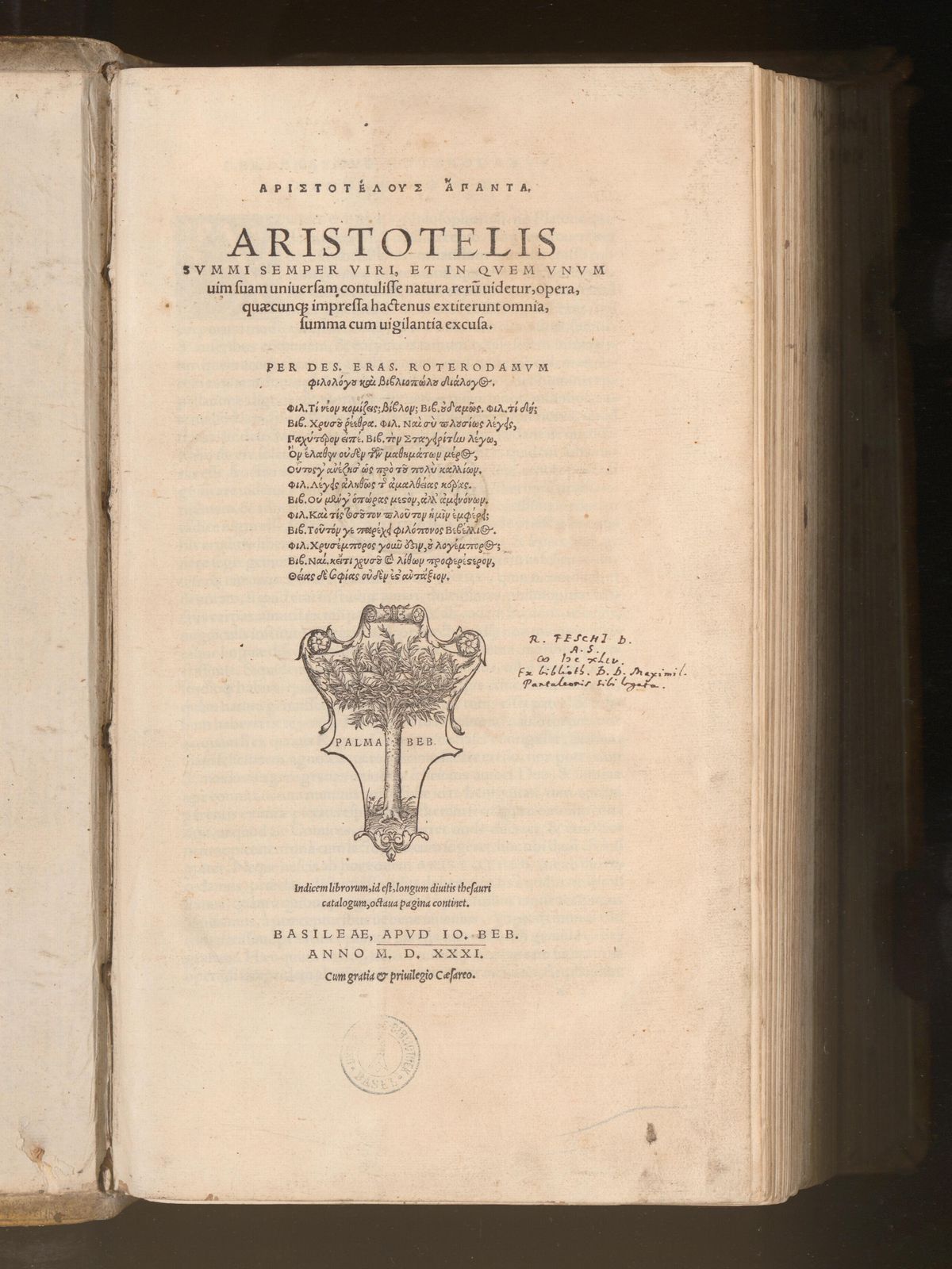 Aristotelous hapanta. = Aristotelis summi semper viri, et in quem unum vim universam contulisse natura rerum videtur, opera, quaecunque impressa hactenus extiterunt omnia, summa cum vigilantia excusa