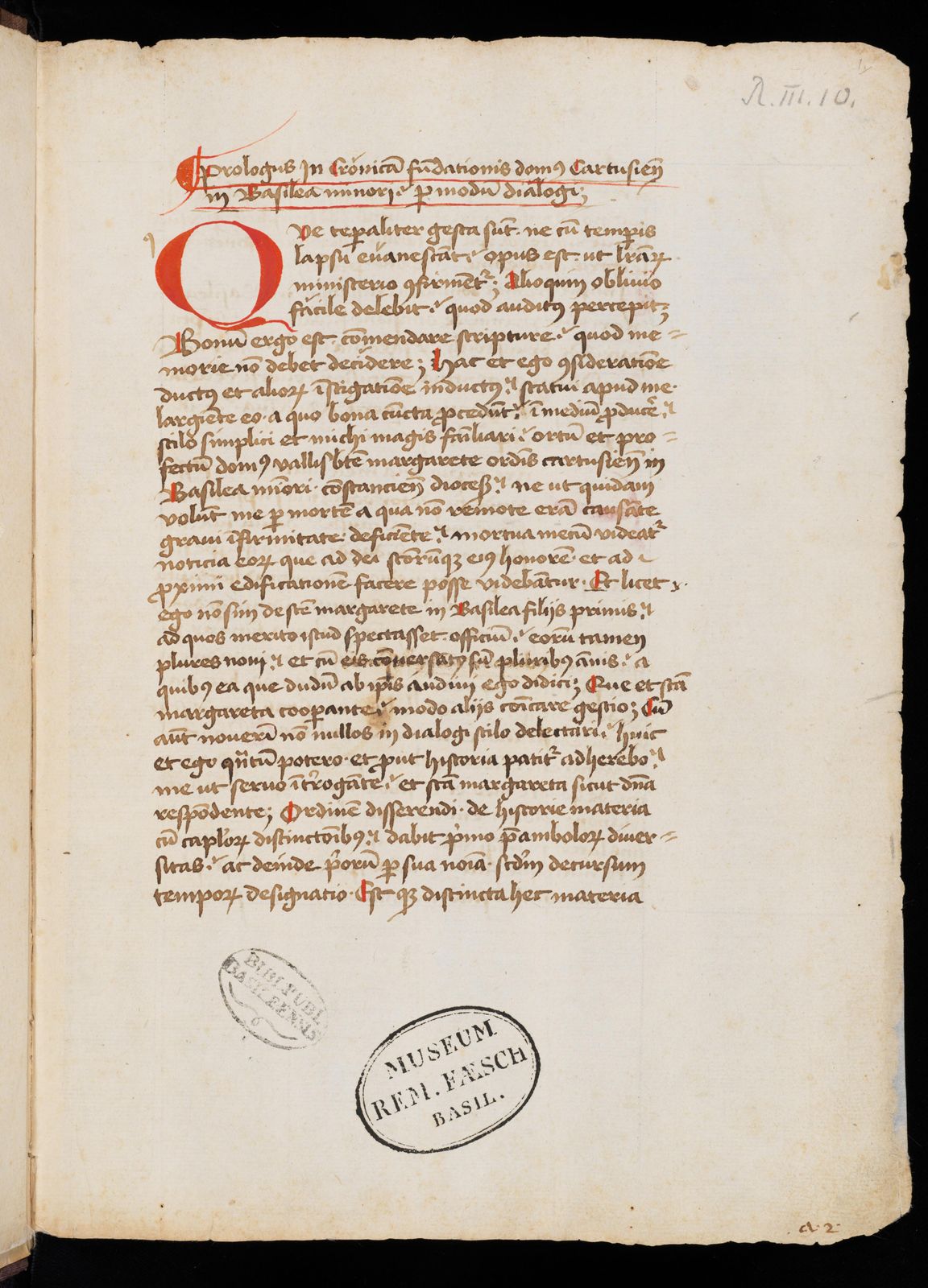 Chronica fundationis Carthusiae in Basilea minori, 1401-1480 [cum continuatione Georgii Carpentarii, 1480-1526]