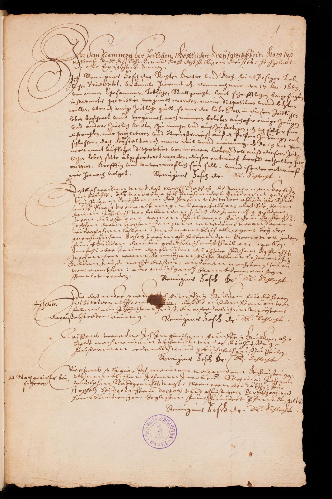 Handschriftliches Testament des Remigius Faesch