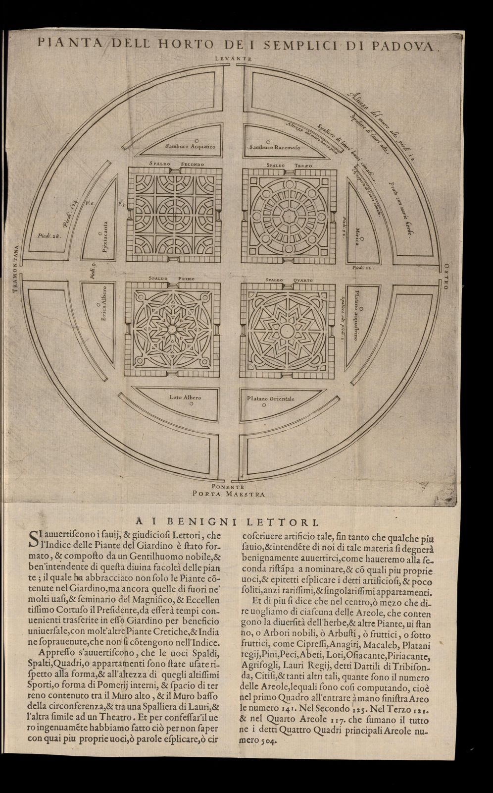 L'Horto De I Semplici di Padoua, Oue si vede primieramente la forma di tutta la Pianta con le sue misure. & indi i suoi Partimenti distinti per Numeri in ciascuna Arella, Intagliato in Rame : opera, che serue mirabilmente alla memoria de gli studiosi