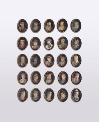 51 Wachsmedaillons mit den Bildnissen der französischen Könige von Pharamund bis Heinrich III.