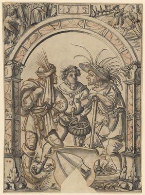 Scheibenriss mit drei Bauern und einem Wappen mit Pflugschar