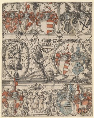 Scheibenriss mit knieendem Ritter, begleitet von Tempus, und dem Allianzwappen Gebhardt/Kriegelstein und weiteren Wappen (Riss für Hans Wernhard Gebhardt 1558-1605)