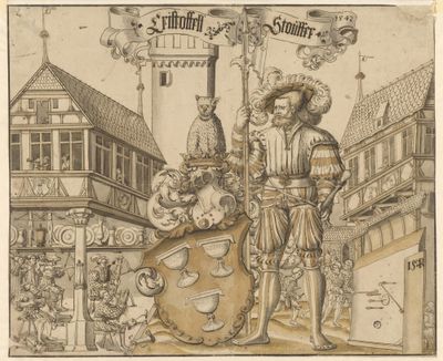 Scheibenriss mit Wappen Christoph Stauffer, im Hintergrund das Stachelschützenhaus am Petersplatz in Basel