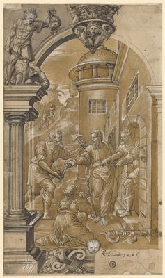 Scheibenriss mit der Befreiung der Gefangenen, im Eckbild David enthauptet Goliath