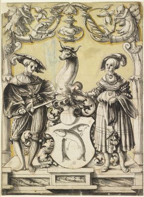 Scheibenriss mit Schildbegleiterpaar und Wappen mit gekreuzten Fischen