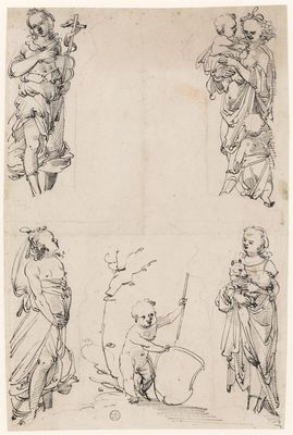 Entwürfe für flankierende Figuren mit Fides, Caritas, Patientia, Spes und Putto mit leerem Wappenschild