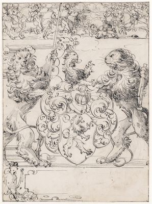 Scheibenriss mit zwei Löwen als Schildhaltern und Löwenwappen, im Oberbild Reiterschlacht