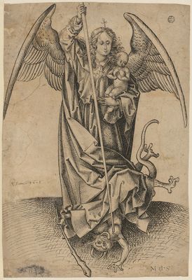 Der Erzengel Michael über dem Teufel, eine Seele (nacktes Kind) im Arm haltend