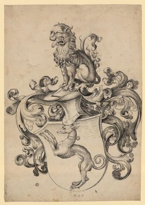 Wappen mit springendem Windhund, als Helmzier ein sitzender Löwe