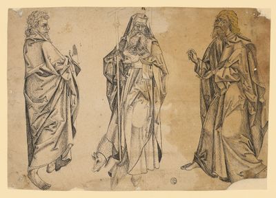 Der heilige Antonius zwischen zwei bärtigen Männern (Heiligen oder Aposteln)