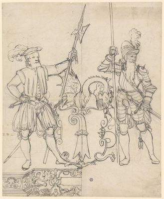 Scheibenriss mit zwei Kriegern und dem Basler Wappen