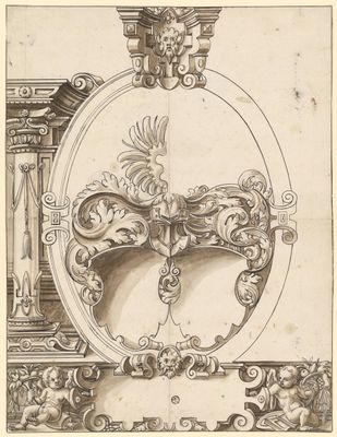 Scheibenriss mit Ovalrahmen und zwei leeren Wappenschilden