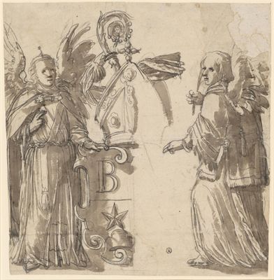 Zwei Engel als Schildhalter und Wappen des Abtes Simon Feunat von Bellelay