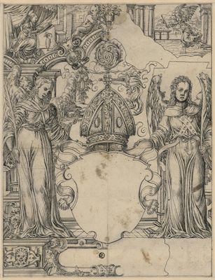 Scheibenriss mit zwei Engeln als Schildhaltern und leerem Bischofswappen, im Oberbild Verkündigung