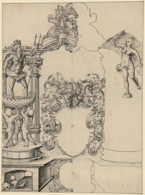 Scheibenriss mit leerem Wappen, flankiert von Neptun und Fortuna