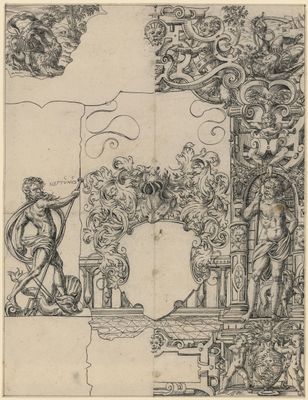 Scheibenriss mit leerem Wappen, flankiert von Pluto und Neptun, in den oberen Eckbildern Simsons Kampf mit dem Löwen und Davids Kampf gegen Goliath