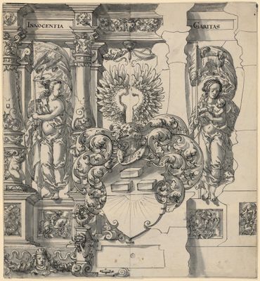Scheibenriss mit dem Wappen Kriegelstein, flankiert von Innocentia und Caritas