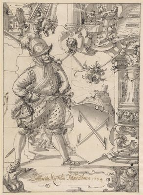 Scheibenriss mit Musketier als Schildbegleiter und Wappen Balthasar Kofferlin von Thann, im Oberbild Szenen aus dem Bäckerhandwerk