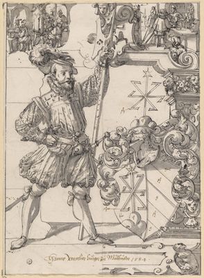 Scheibenriss mit Halbartier als Schildbegleiter und Wappen Hans Werner von Mühlhausen, im Oberbild Szenen aus dem Goldschmiedehandwerk