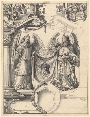 Scheibenriss mit zwei Engeln und dem Schweisstuch der Veronika, darunter nicht ausgeführtes Wappen, in den Oberbildern Susanna und Daniel, der über die Alten richtet