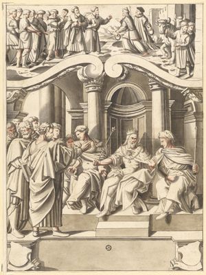 Scheibenriss mit Paulus vor Felix und Festus, im Oberbild nicht identifizierte Szene, unten zwei leere Wappen