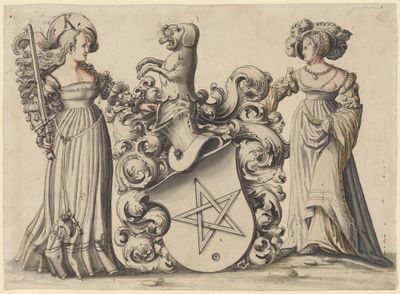 Zwei stehende Damen mit Wappen