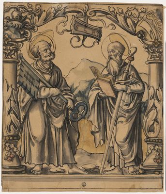 Scheibenriss mit den hll. Petrus und Paulus und dem Wappen Lichtenfels