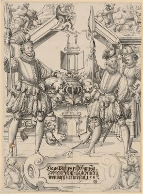 Scheibenriss mit zwei Kriegern und Frau mit Hündchen als Schildbegleiter und dem Wappen Offenburg, in den oberen Eckbildern Hirschjagd