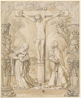 Scheibenriss mit Christus am Kreuz zwischen Maria und Johannes