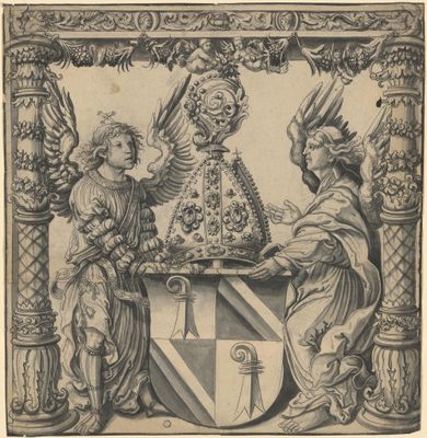 Scheibenriss mit zwei Engeln als Schildhaltern und Wappen des Bischofs von Basel, Christof von Utenheim