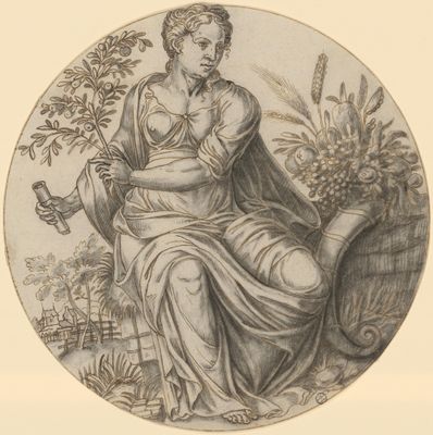 Allegorische weibliche Figur mit Füllhorn in einer Landschaft, im Rund (Allegorie des Sommers oder Ceres?)