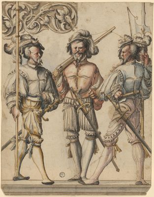 Scheibenriss mit drei eidgenössischen Kriegern