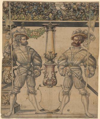 Scheibenriss mit leerem Wappenschild und zwei Kriegern als Schildbegleitern, im Oberbild Schlachtszene mit Eidgenossen gegen Landsknechte