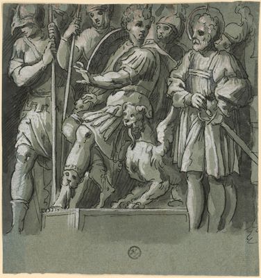 Feldherr und Gruppe von römischen Kriegern. Kopie nach einem Teilstück des Frieses am Palazzo Ricci mit Episoden aus dem Leben Mucius Scaevolas