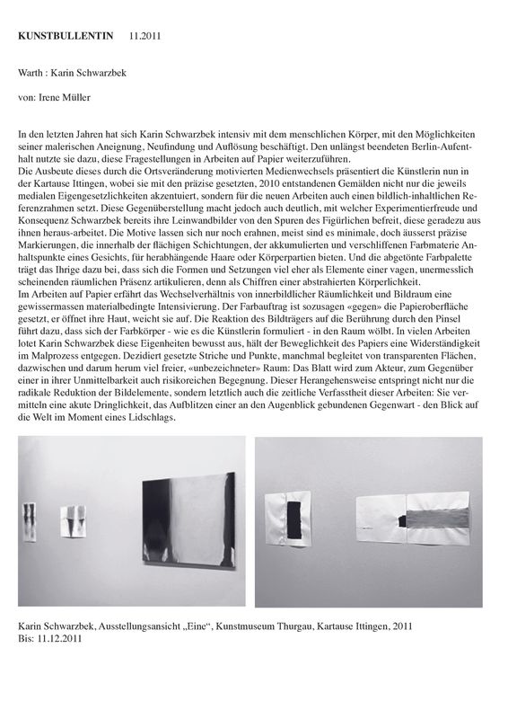Kunstbulletin 11/2011 Hinweis zur Einzelausstellung "Eine." im Kunstmuseum Thurgau 2011 von Irene Müller