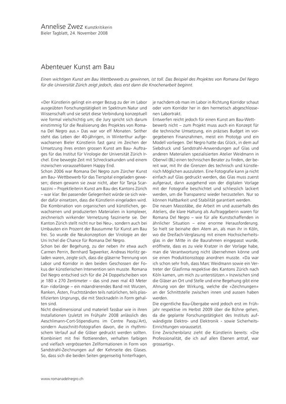 Annelise Zwez, ABENTEUER KUNST AM BAU, Institut für Virologie, Bieler Tagblatt, 2009