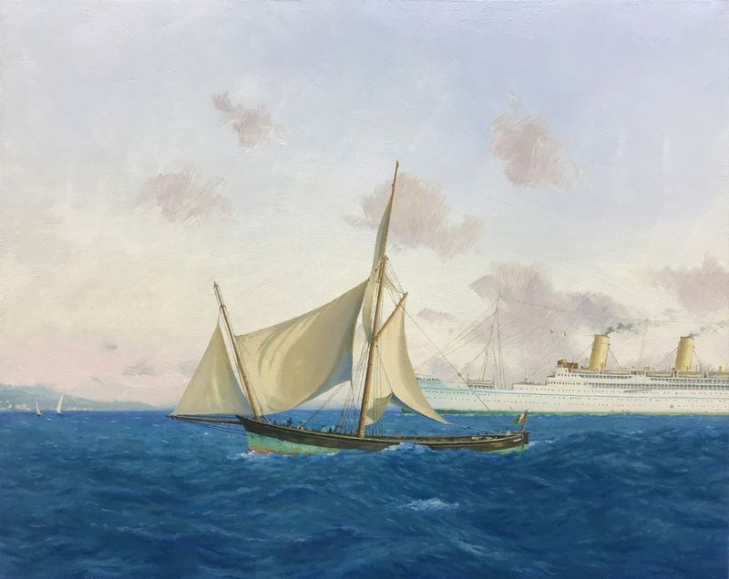 NAVICELLO - Küstensegler in Italien /  Oel auf Holz 50 x 40 cm / 2020