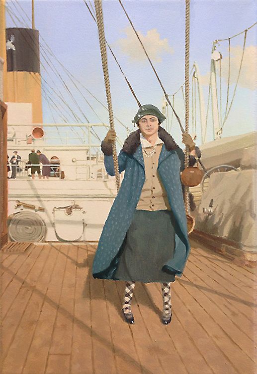 French first class passenger on the RMS OLYMPIC on a riding swing / Oil on canvas 20 x 30 cm
